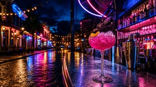 Glowing open-front bar at night, a vivid cocktail on a wet counter under pink and blue neon by a rain-slicked street.