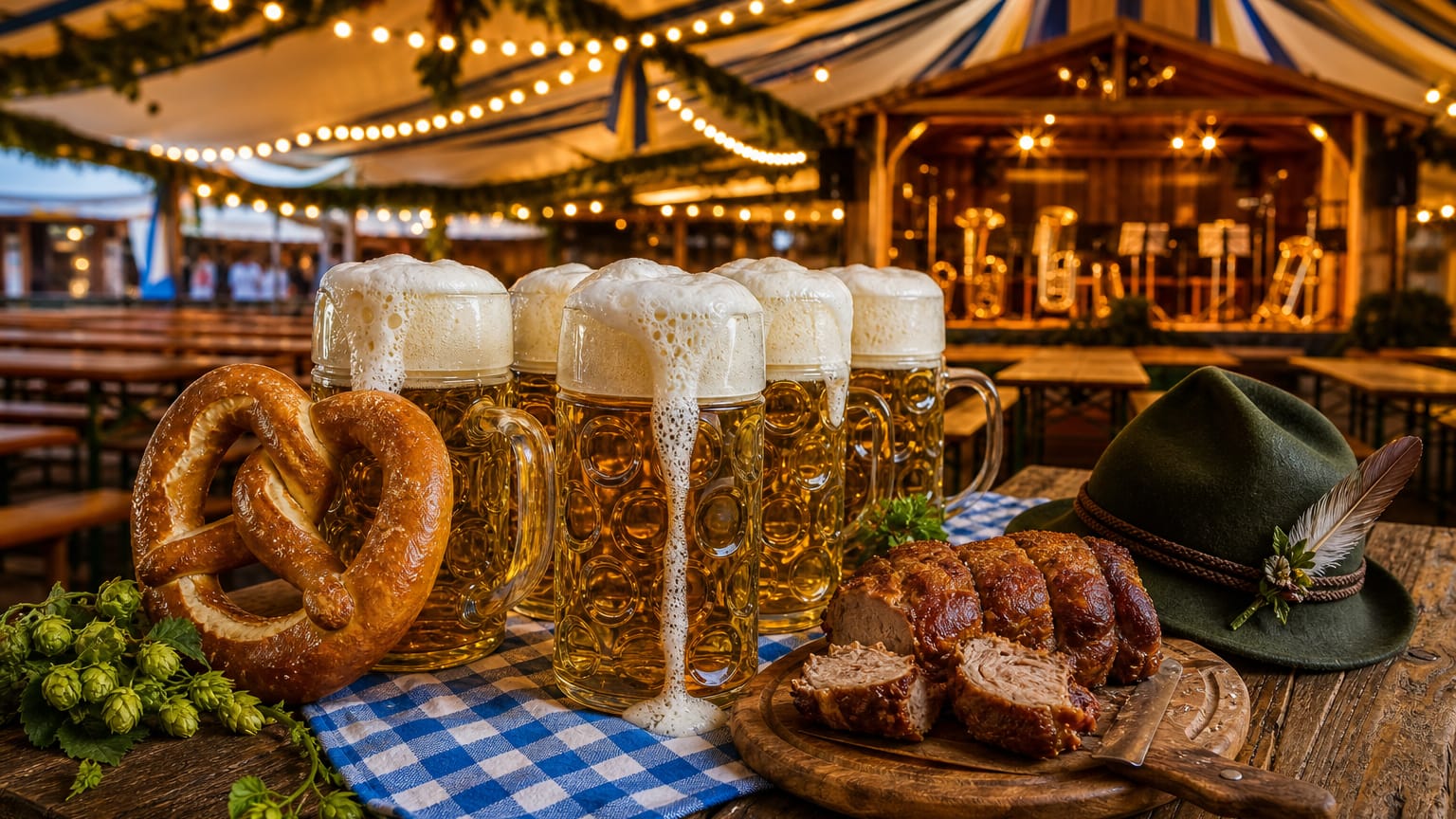 Cluster of foaming litre beer steins, a giant pretzel and roast pork on a wooden festival-tent table under string lights