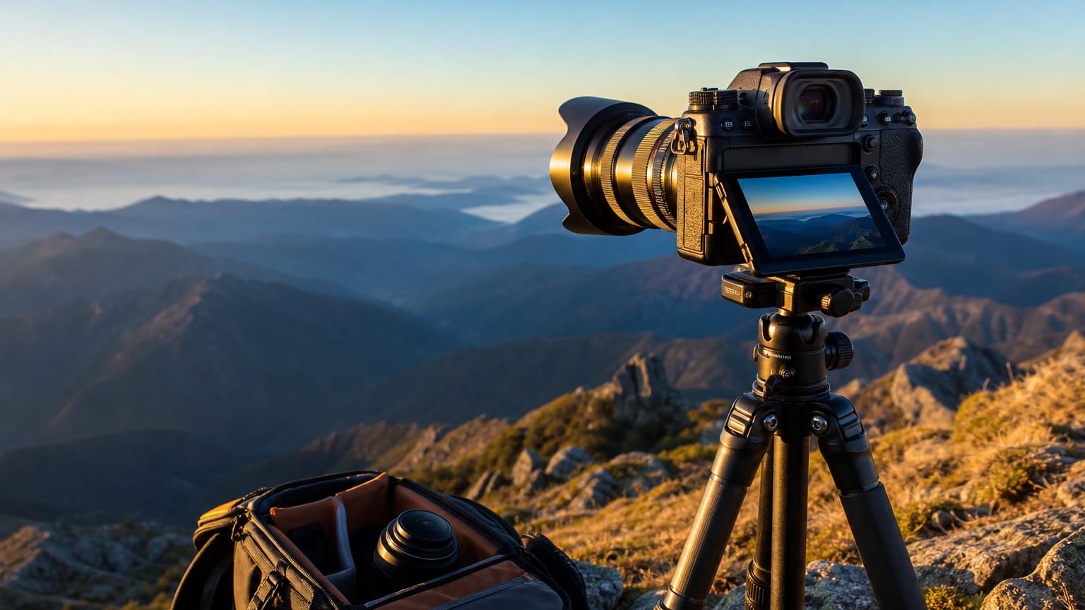 An unattended camera on a tripod frames a hazy layered mountain valley at golden hour, the vista mirrored on its screen.