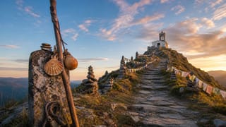 Pilgrim's staff with scallop shell and gourd leans on a stone path lined with cairns and prayer flags below a hilltop shrine.