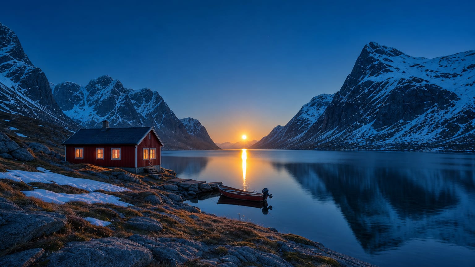 Glowing midnight sun resting on the horizon over a still Arctic fjord, dark snowy peaks, and a lit red shore cabin.