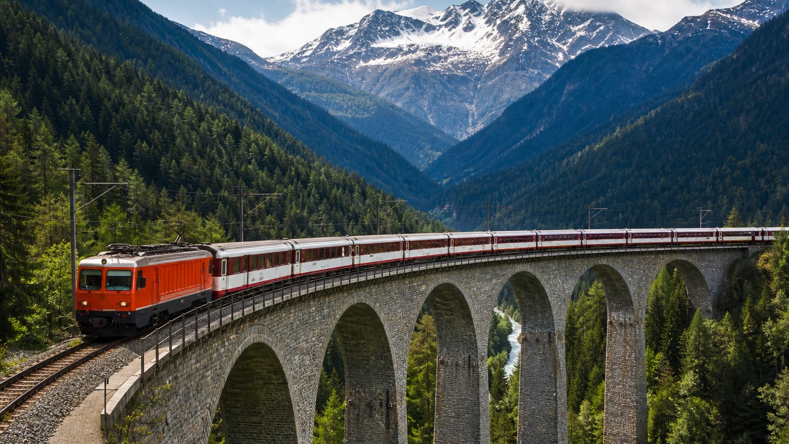 A long passenger train curving across a tall arched stone viaduct above a forested valley, snow-capped peaks behind.
