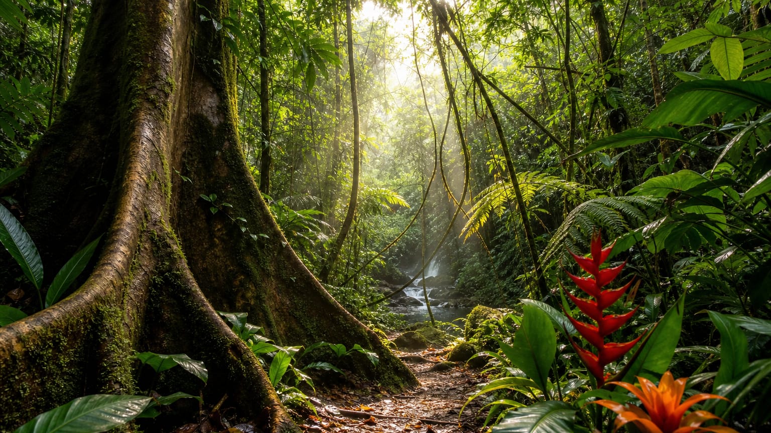 Dense rainforest trail past a giant buttress-rooted tree, hanging lianas, ferns, red flowers, mist and sun shafts.