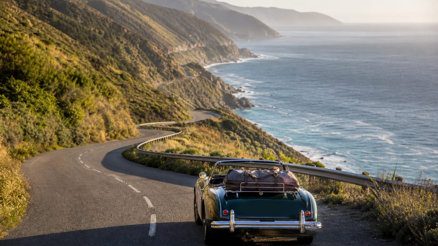 Open-top car from behind atop a hairpin cliffside road coiling toward a sunlit ocean bay.