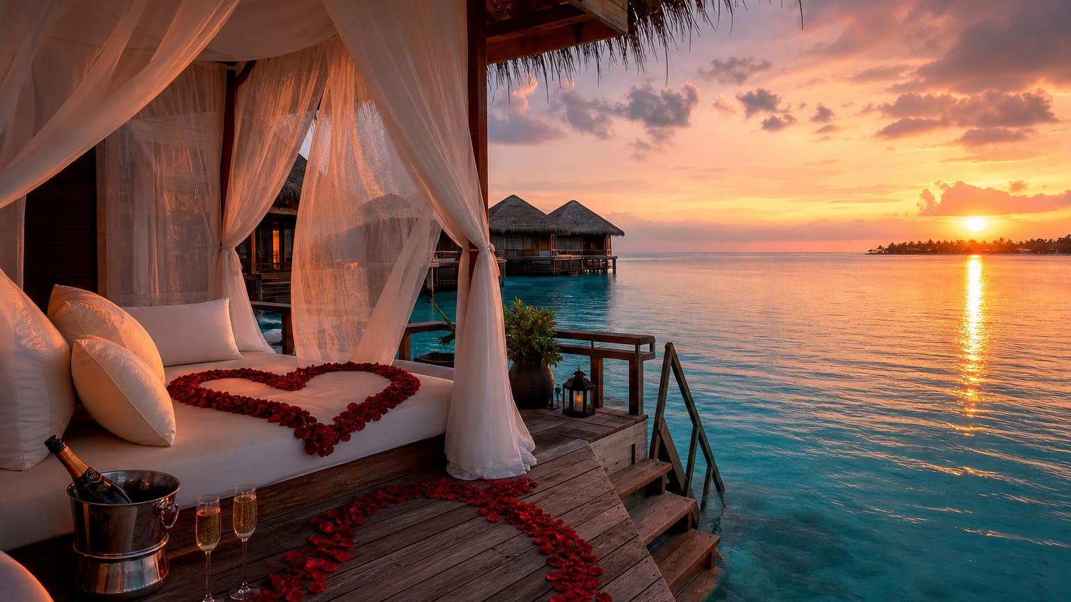 Overwater bungalow deck at sunset with a curtained daybed, heart of rose petals, and two champagne flutes above a turquoise lagoon.