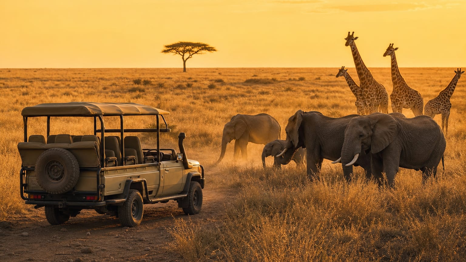 Empty open safari jeep on a golden savanna among elephants and giraffes by a lone flat-topped acacia at sunset.