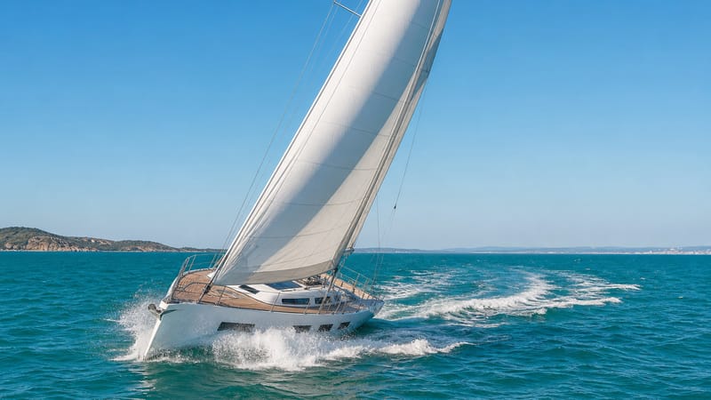 A white sailing yacht heeling under full sails, spray off its bow on turquoise open sea below a clear sky.