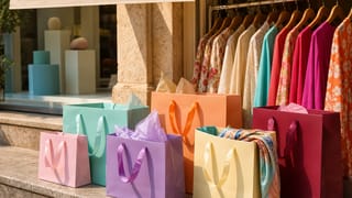 Cluster of colorful handled shopping bags on a sunlit boutique step beside a rail of bright clothes