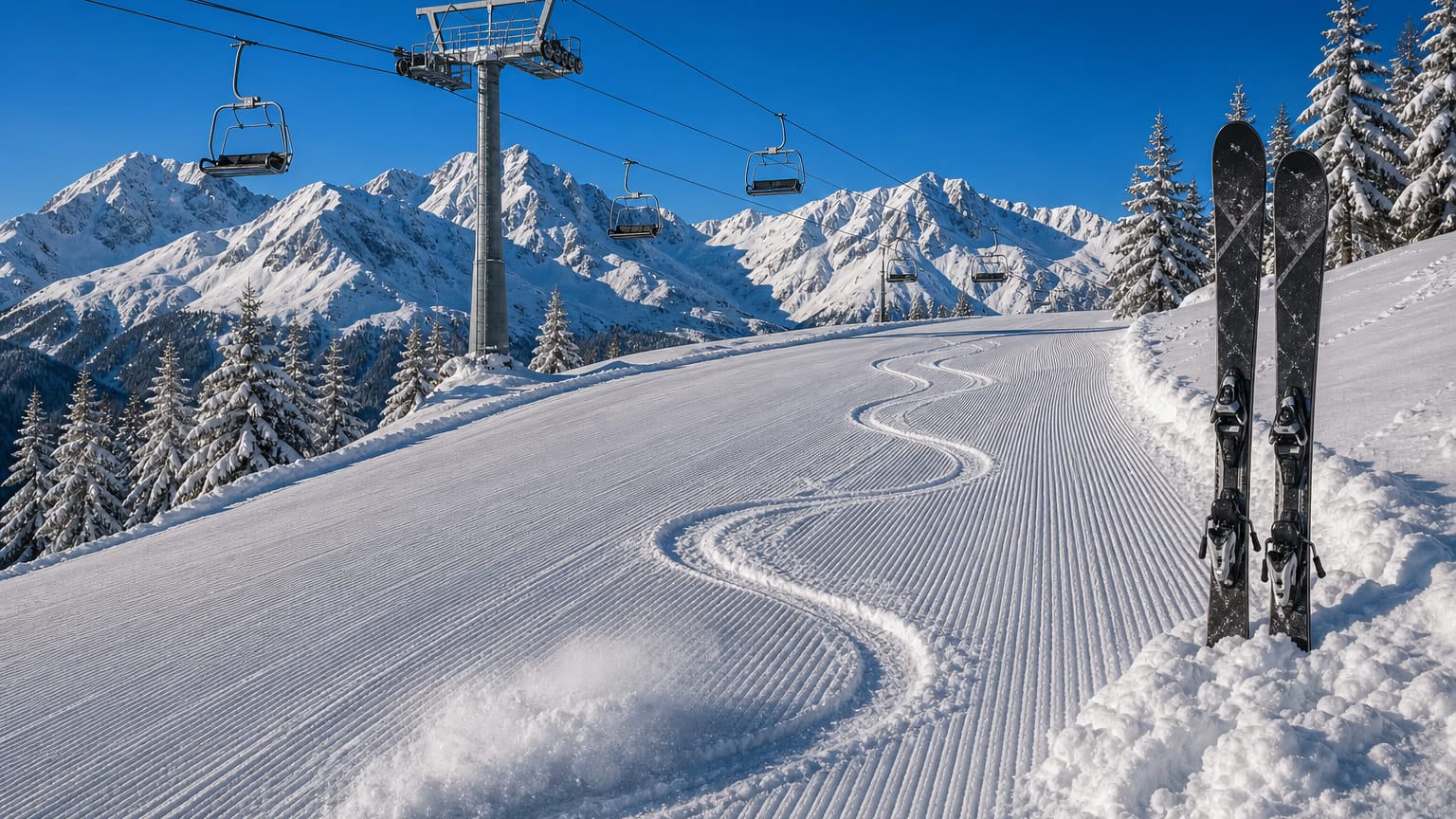 Steep groomed ski piste with fresh carved tracks and a burst of powder, a chairlift overhead, snowy pines and peaks behind.