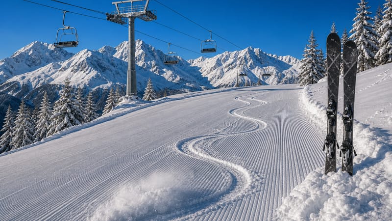 Steep groomed ski piste with fresh carved tracks and a burst of powder, a chairlift overhead, snowy pines and peaks behind.