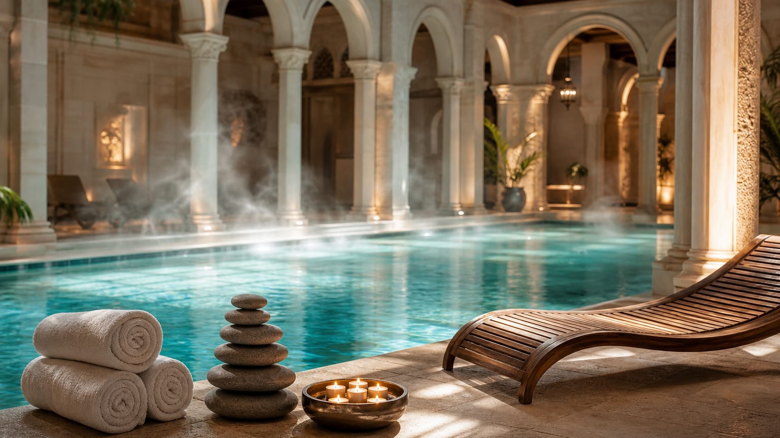Indoor thermal spa pool, steaming turquoise water, arched stone colonnade, rolled towels, stacked stones, candles.