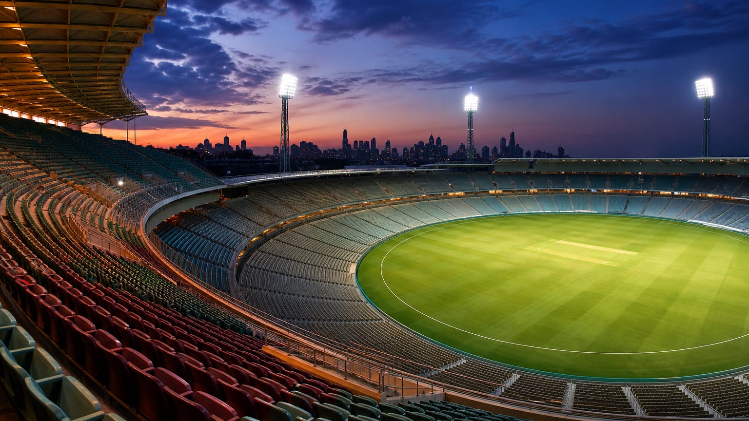 Empty floodlit open-air stadium at dusk, steep colored tiers sweeping to a lined green pitch.