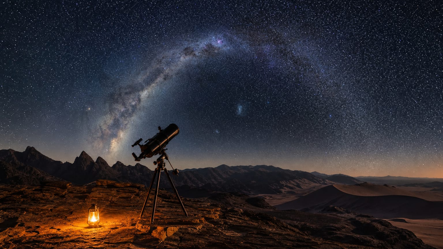 Lone telescope on a dark desert plateau beneath the glowing arch of the Milky Way, no other lights.