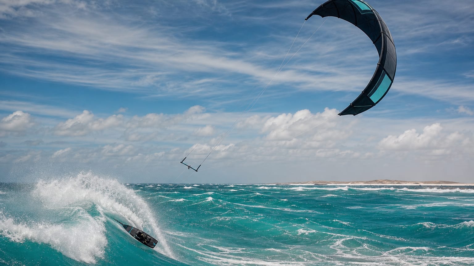 An empty kiteboard carving a turquoise wave, lines sweeping up to a huge crescent kite arcing across a windswept sky.