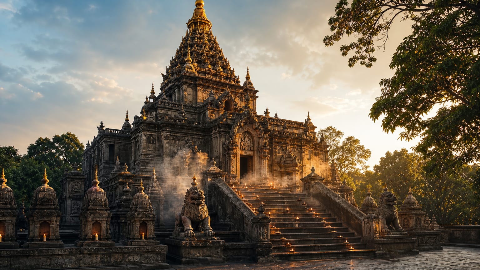Tiered carved-stone temple with a gilded spire, guardian statues, lit oil lamps, and bell-shaped shrines along a stairway at golden hour.