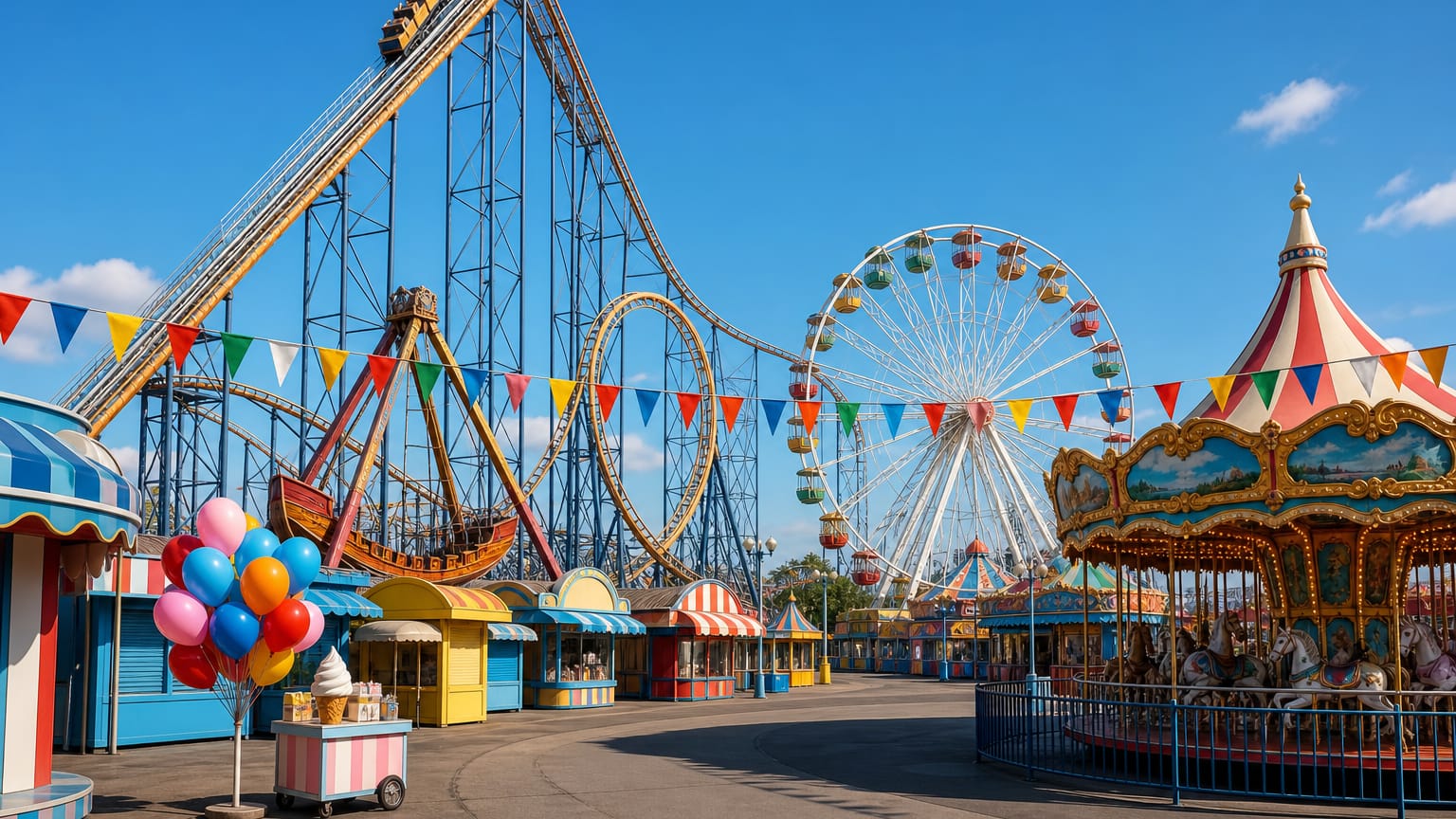 A looping steel roller coaster towering over a Ferris wheel, carousel, pirate-ship ride and empty fairground midway.