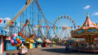 A looping steel roller coaster towering over a Ferris wheel, carousel, pirate-ship ride and empty fairground midway.