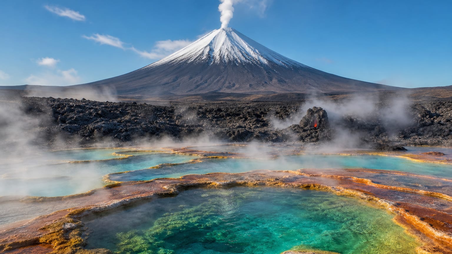 Snow-capped steaming volcanic cone above terraced turquoise geothermal pools rimmed with orange and yellow mineral crusts.