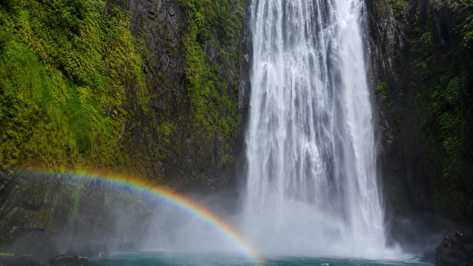 Tall waterfall plunging down a dark cliff into a turquoise misty pool, framed by green ferns with a rainbow in the spray.