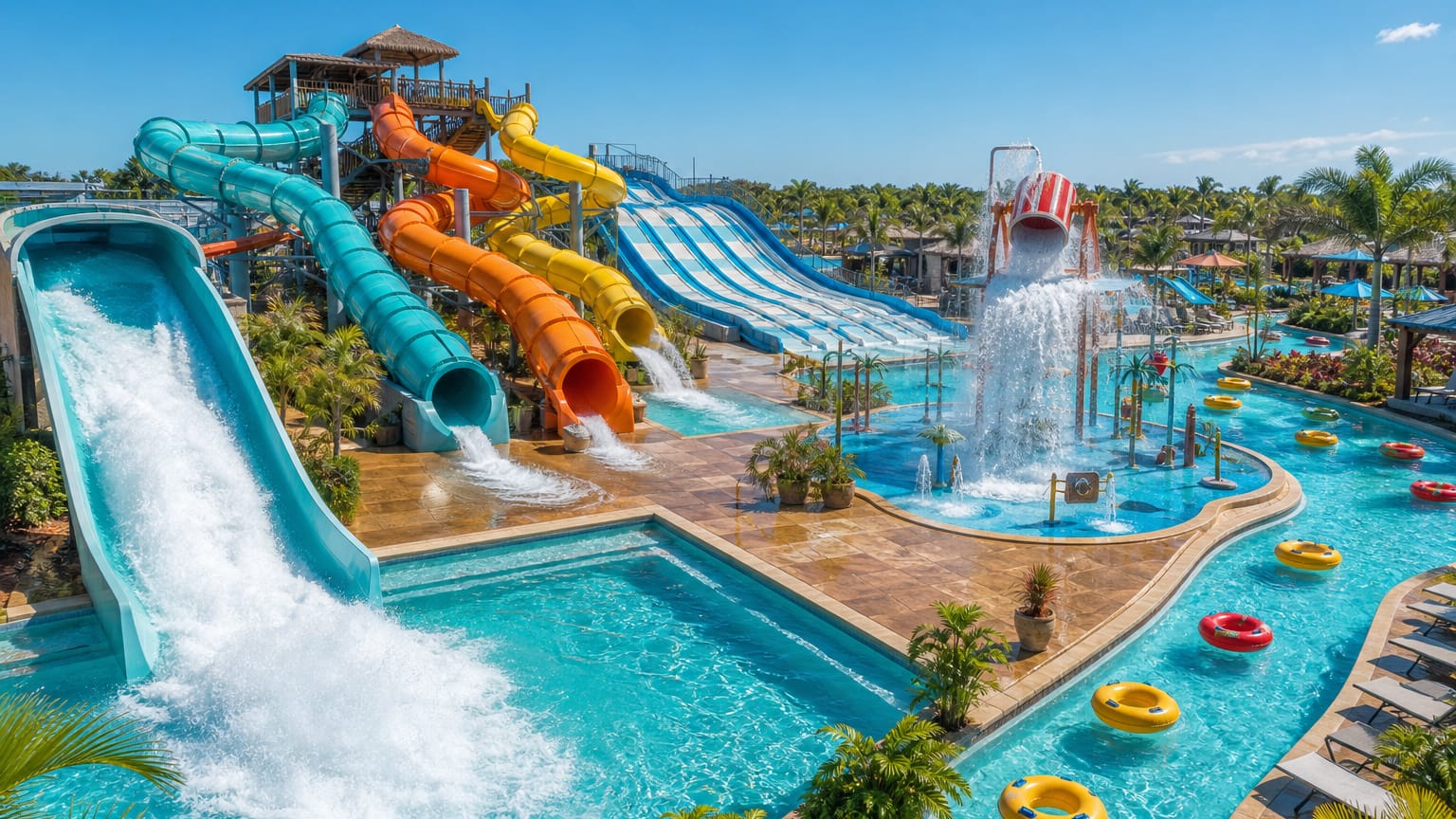 Outdoor waterpark with colorful tube slides, a splashing flume, a tipping bucket and a lazy river full of yellow ring tubes.