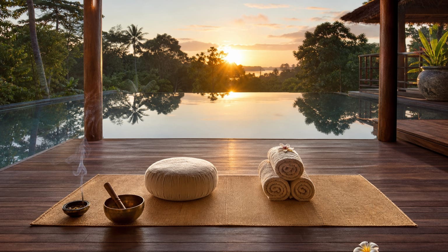 Yoga mat, meditation cushion, singing bowl and incense on a teak deck above a still pool mirroring tropical greenery at dawn.