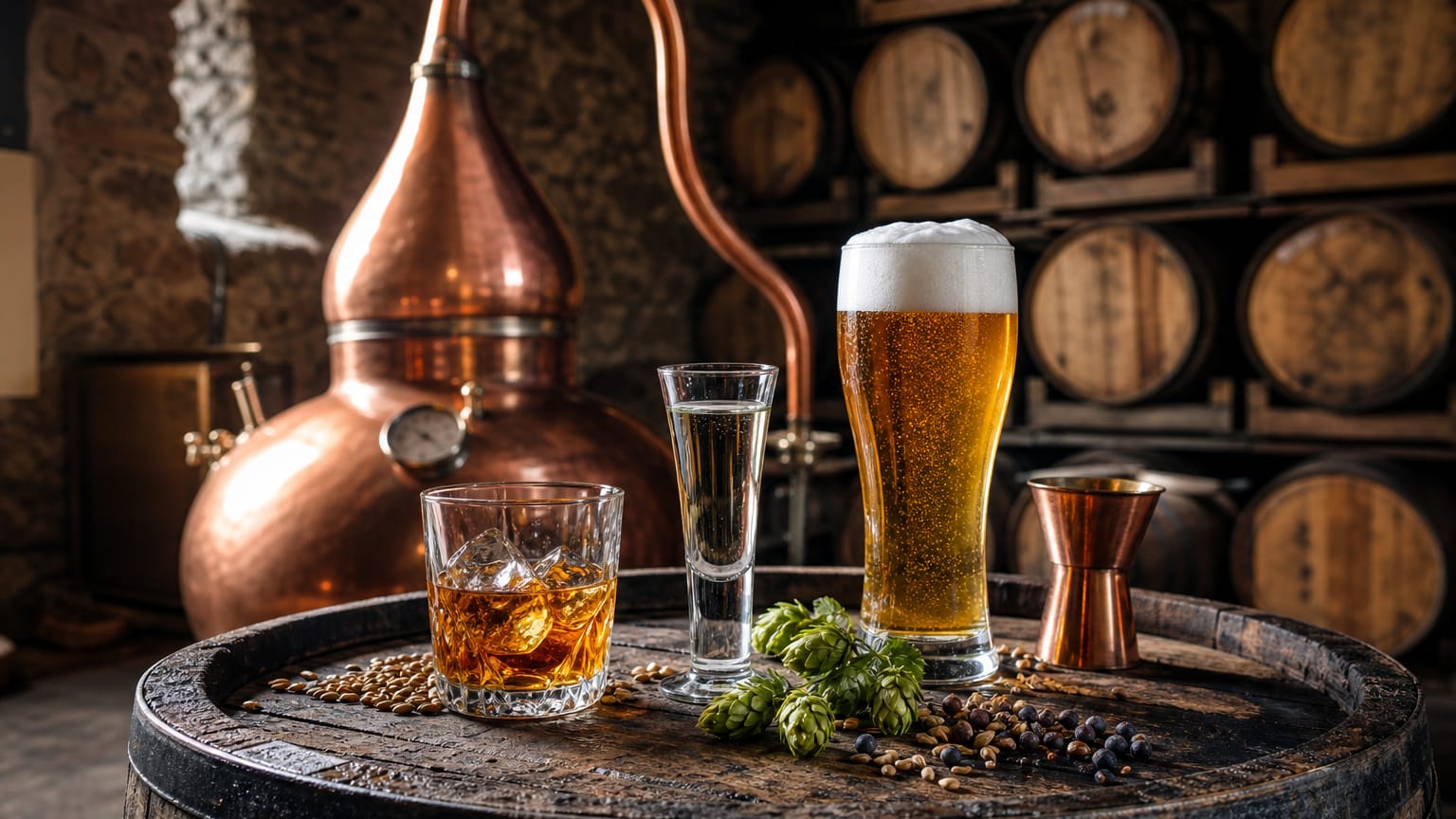 Copper still behind a barrel set with whisky, clear spirit and foaming golden beer amid barley and hops.