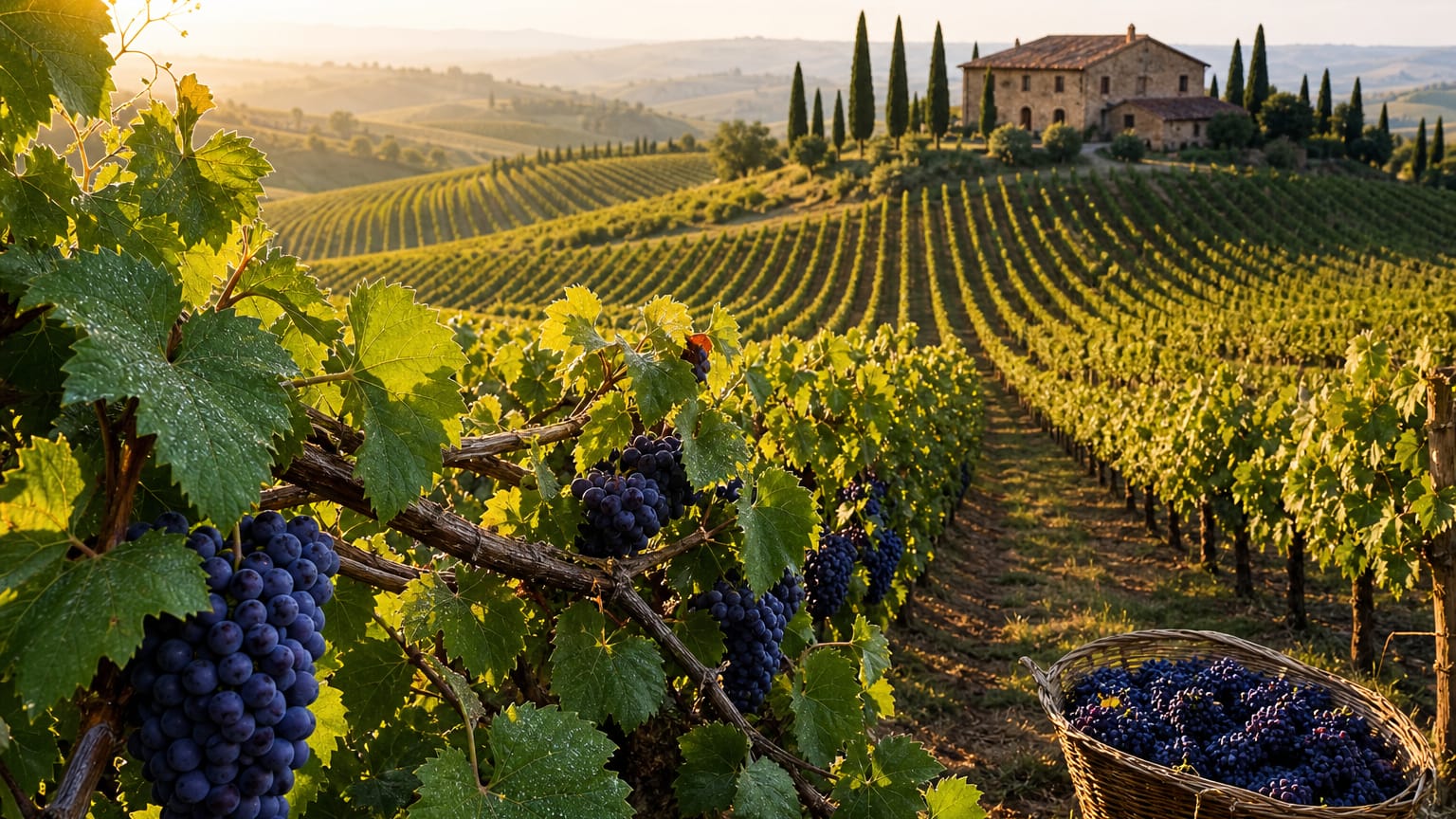 Close-up of ripe purple grape clusters on a vine above rows of vineyard sweeping toward a small stone winery at sunset.