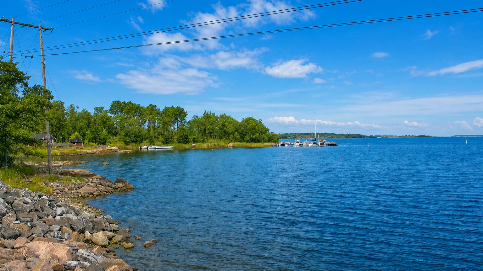 Rocky archipelago shoreline at Brändö, Åland, with a small jetty and moored boats under a blue summer sky.