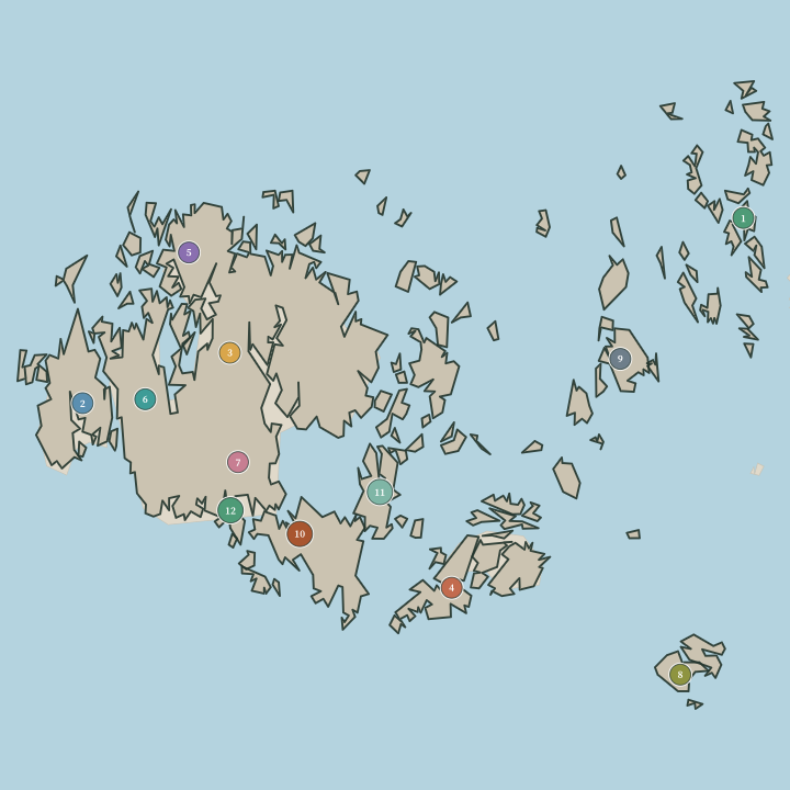 Map of Åland showing its numbered towns and cities