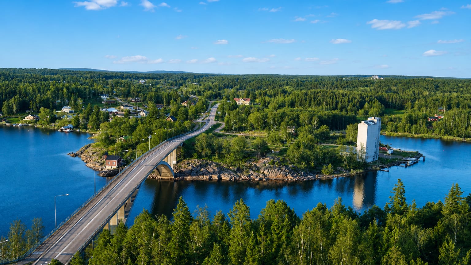 Aerial view of a road bridge crossing blue archipelago waters between forested islands in Finström, Åland, Finland
