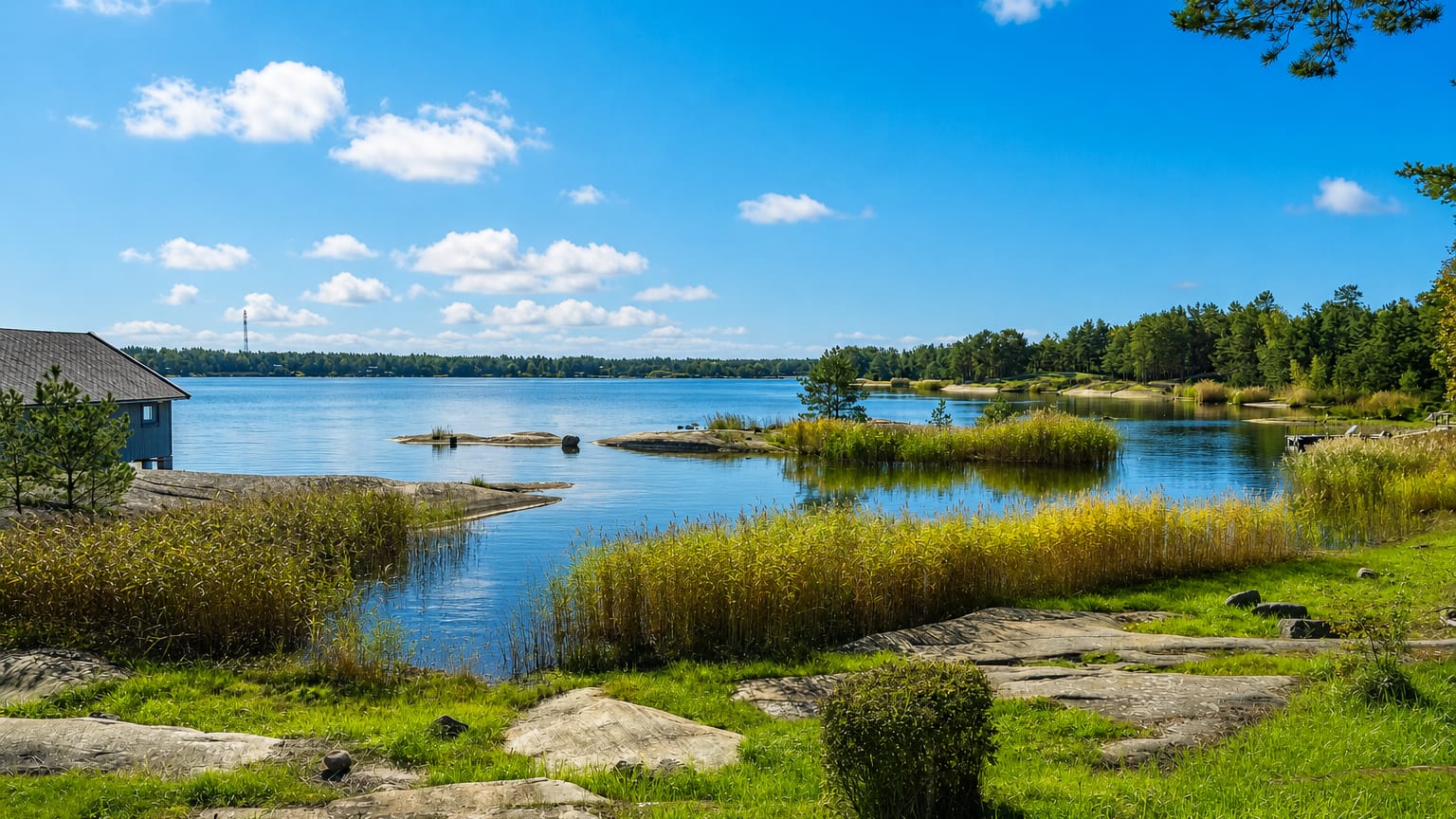 Föglö's Åland archipelago shoreline with rocky islets, reeds and calm blue sea under a bright summer sky.