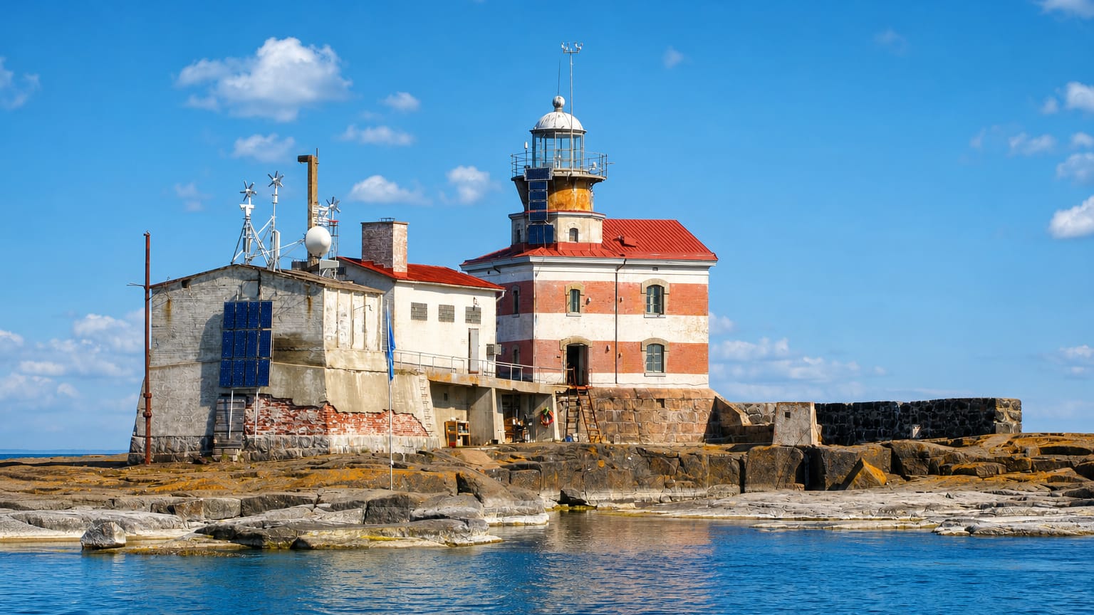 A red-and-white striped lighthouse and brick keeper's house on a rocky skerry off Hammarland, Åland, Finland.