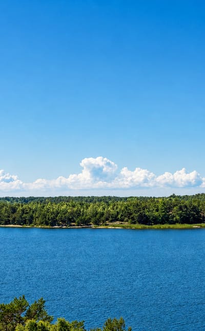 Forested island shore across the calm blue waters of the Åland archipelago at Kumlinge, Finland.