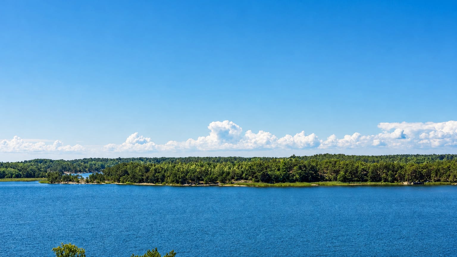 Forested island shore across the calm blue waters of the Åland archipelago at Kumlinge, Finland.