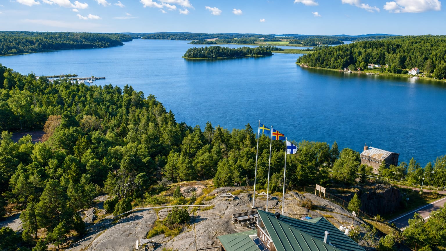 Aerial view over Saltvik's forested Åland archipelago, with Finnish, Swedish and Åland flags on a rocky shoreline outcrop