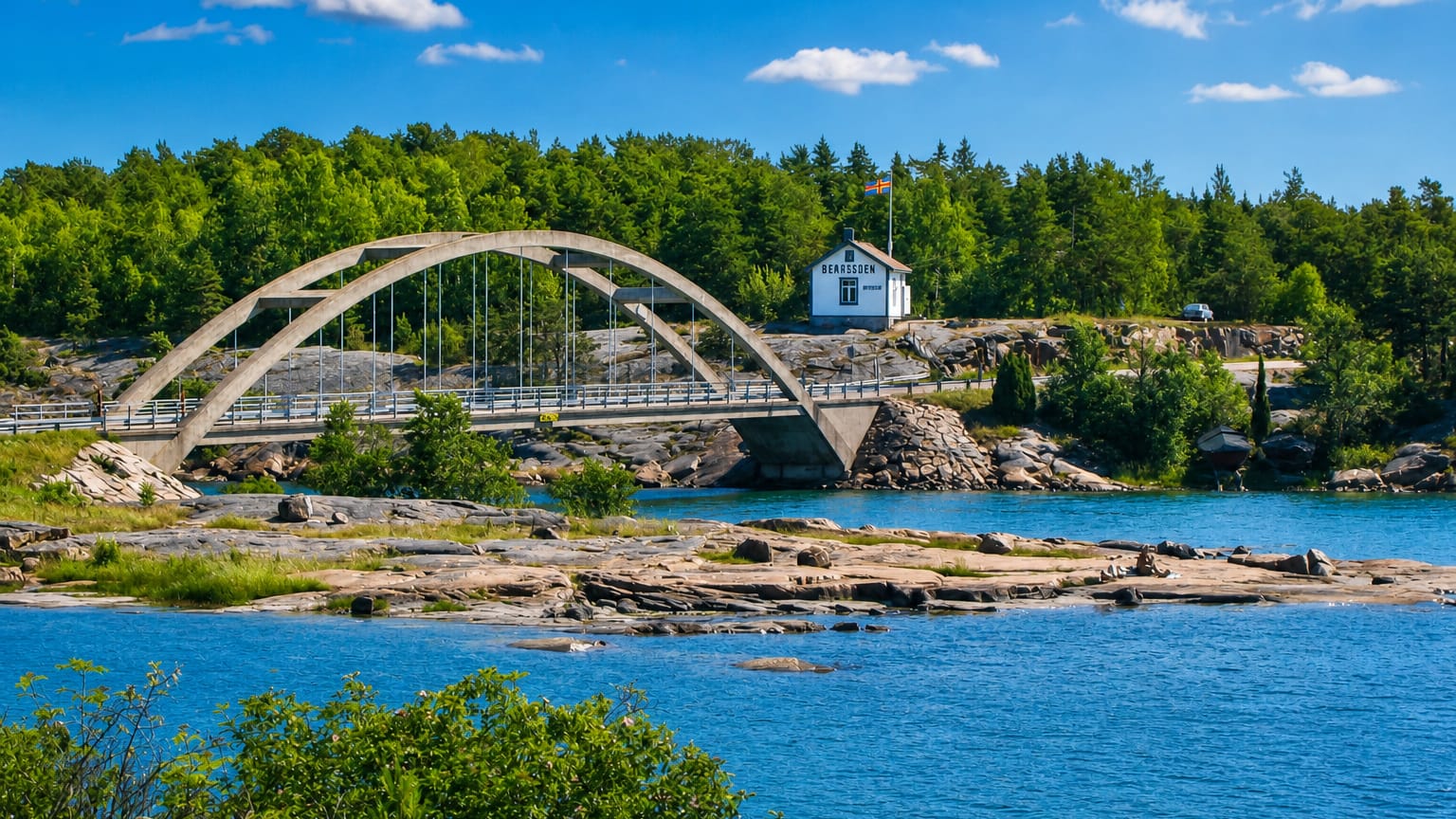 Arched white bridge over blue archipelago water linking forested rocky islets with a flagged cottage in Sund, Åland, Finland