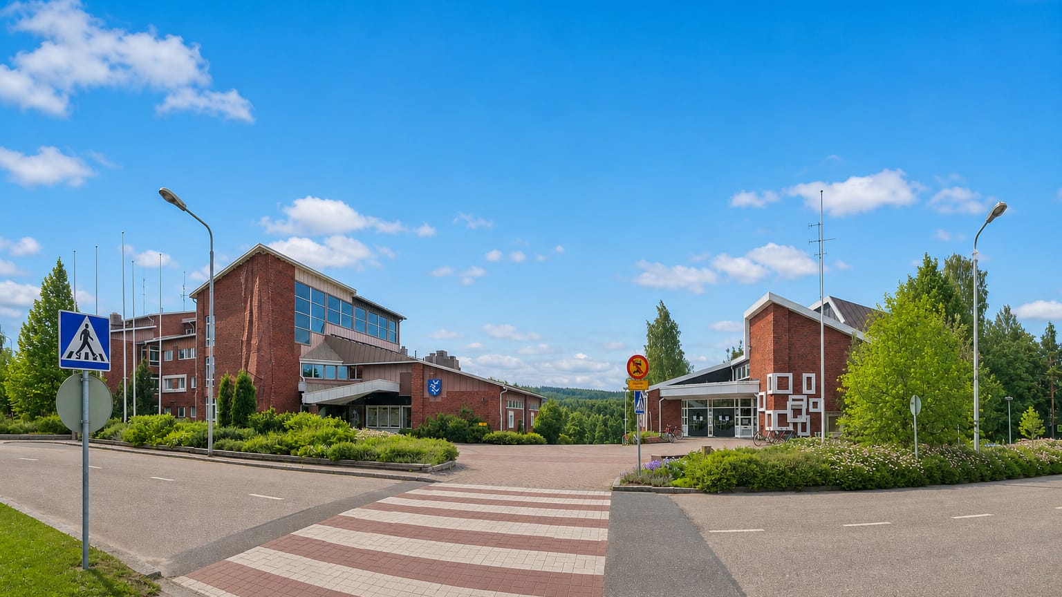 Äänekoski red-brick civic buildings beside a pedestrian crossing and planted roundabout on a sunny day