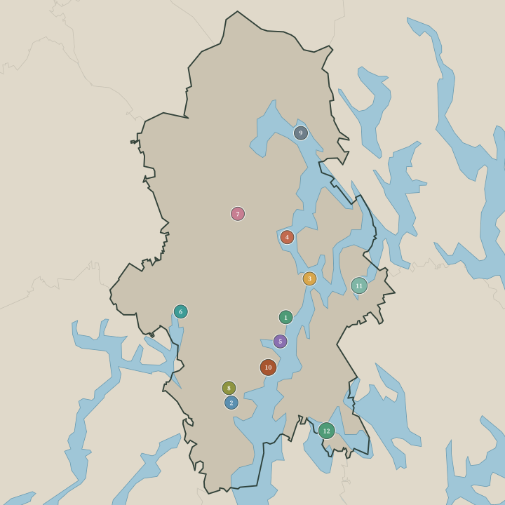 Map of Central Finland showing its numbered towns and cities