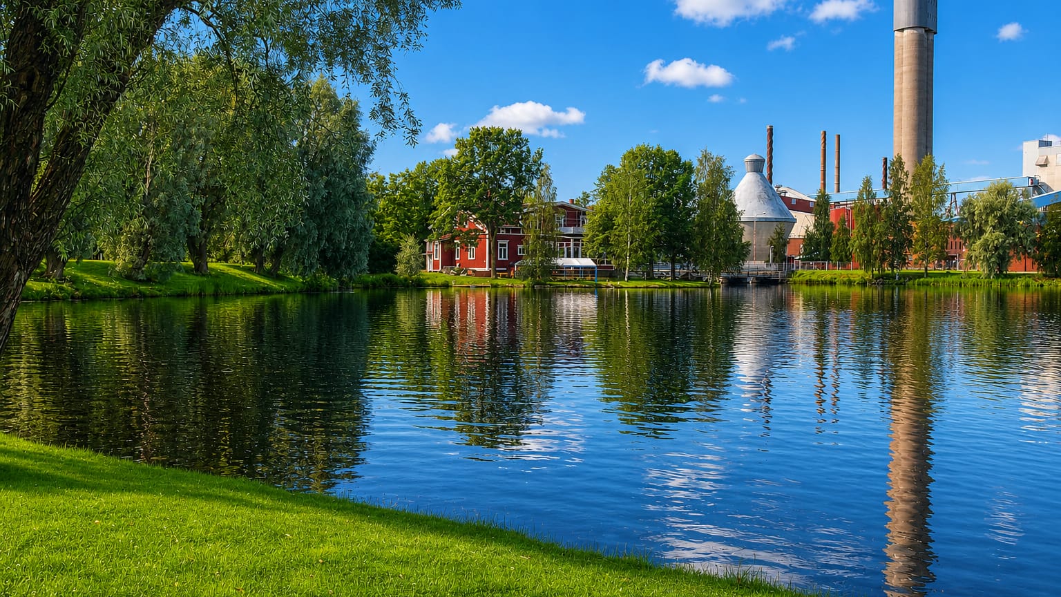 Jämsänkoski's riverside paper mill with a tall white chimney and red wooden buildings reflected in calm water under a summer sky