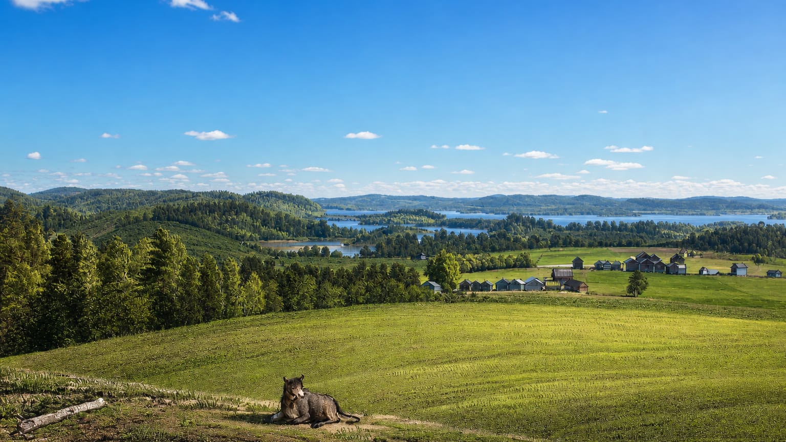 Grassy hilltop overlooking forested lakes, islands and scattered farmsteads at Joutsa in Finland's Lakeland
