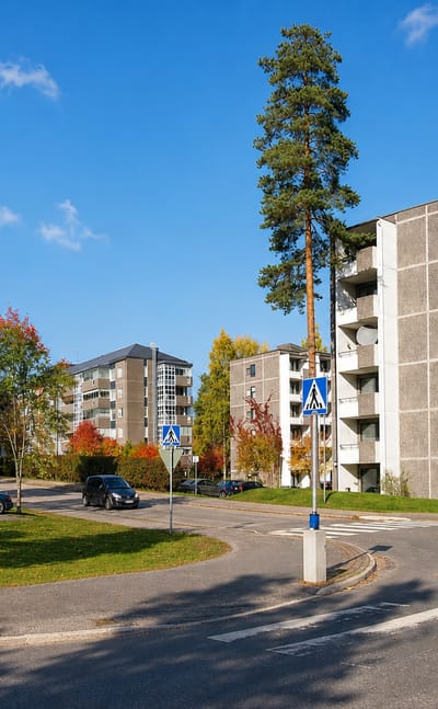 Autumn daytime view of Huhtasuo, a Jyväskylä suburb, with concrete apartment blocks and a roundabout among colourful trees.