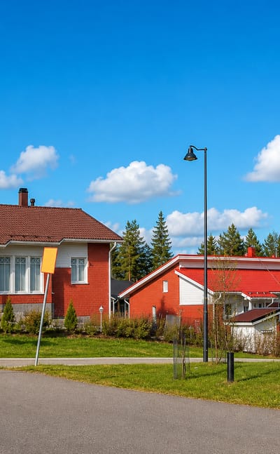 Red-timber and brick houses along a new residential street backed by pine forest in Keltinmaki, Jyvaskyla.