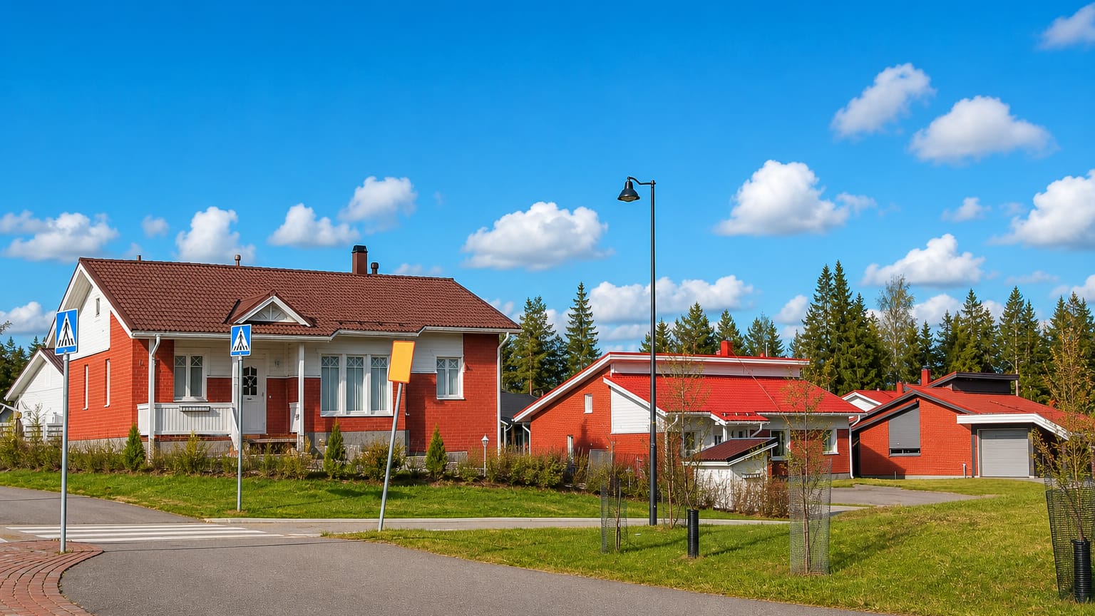 Red-timber and brick houses along a new residential street backed by pine forest in Keltinmaki, Jyvaskyla.