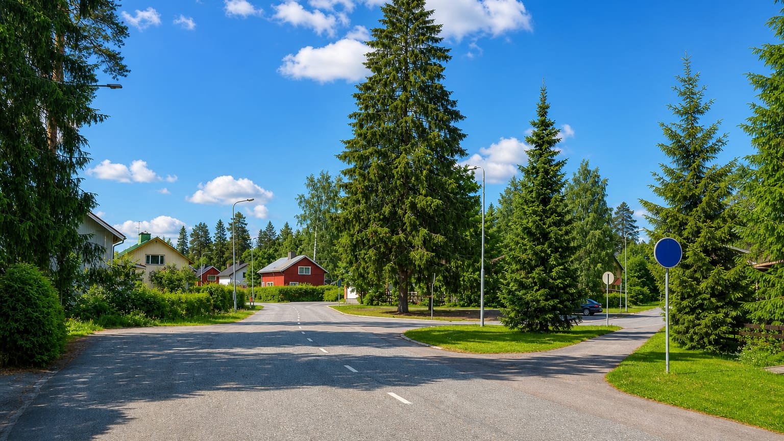 Köhniö in Jyväskylä, a quiet residential junction lined with spruce trees and a red wooden house.
