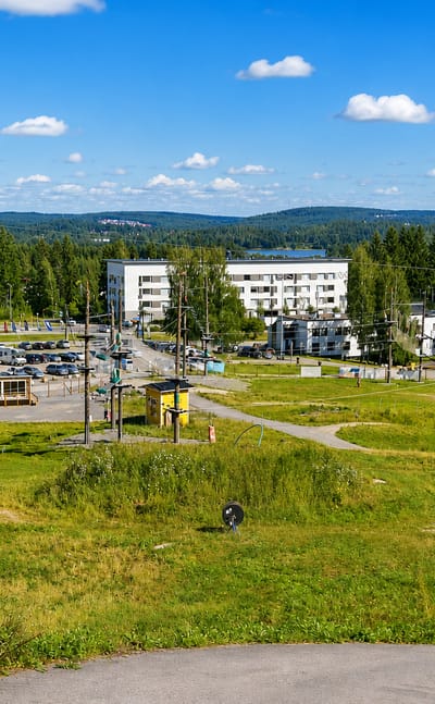 Ski-slope base, lifts and hotel buildings in summer at Laajavuori, Jyväskylä.