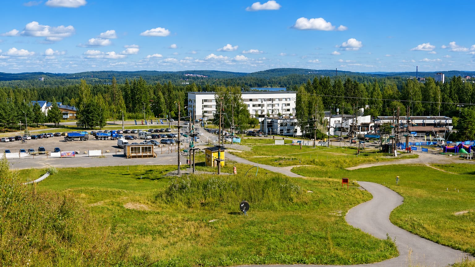 Ski-slope base, lifts and hotel buildings in summer at Laajavuori, Jyväskylä.