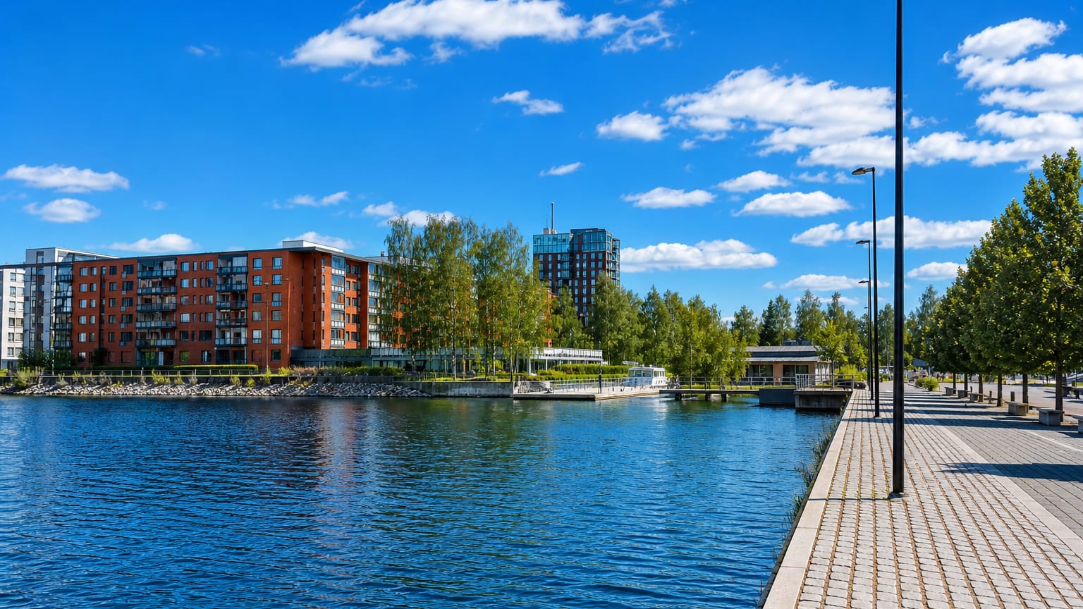 Lutakko harbour waterfront in Jyväskylä, with red-brick lakeside apartments, a glass tower and a paved promenade under blue sky.