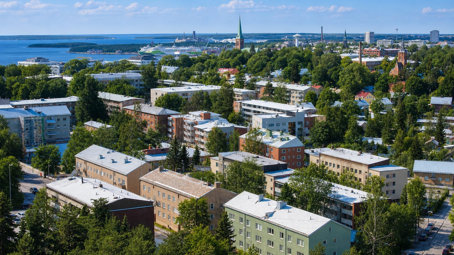 Aerial daytime view of Jyväskylä's Mäki-Matti district, Finland: apartment blocks, leafy streets and a lake on the horizon