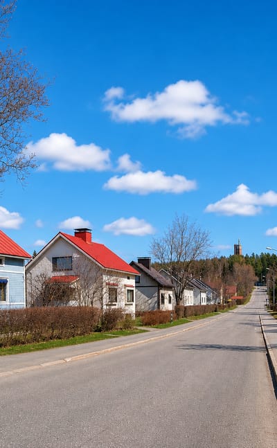 Wooden houses with red roofs along a quiet residential street in Nisula, Jyväskylä.