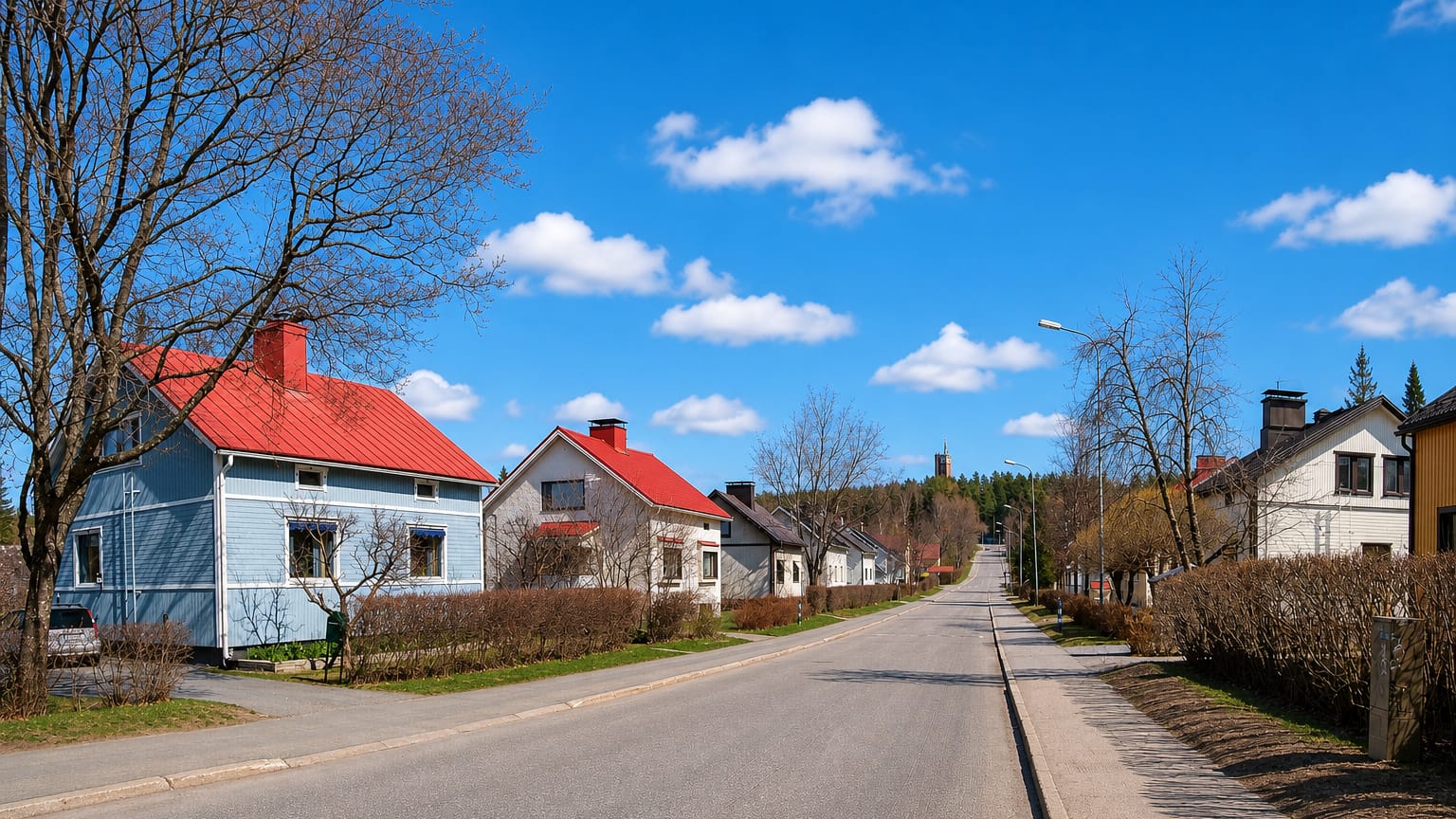 Wooden houses with red roofs along a quiet residential street in Nisula, Jyväskylä.